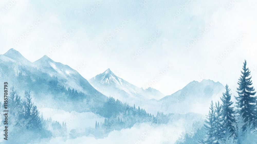 Poster snowy mountain landscape with pine trees in a minimalist winter doodle design featuring ample copy s