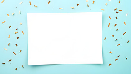 Blank paper with place for text on turquoise background with golden confetti, sticker style. isolated with white shades