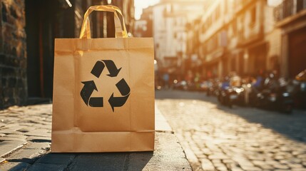 Eco-Friendly Paper Bag with Recycling Symbol on Urban Street at Sunset, Promoting Sustainable Living and Environmental Awareness in Modern City Life