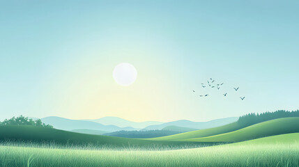 Serene Landscape Featuring Rolling Green Hills and Birds in Flight