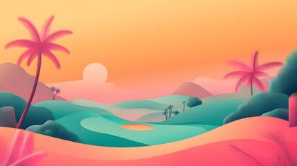 Tropical Sunset Golf Course Scenic Landscape