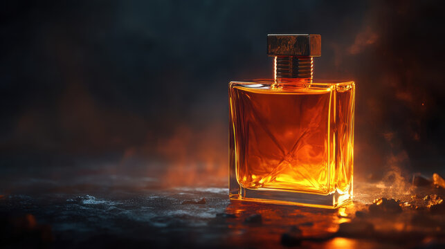 glowing amber perfume bottle with textured cap, surrounded by mist and smoke, creates captivating and luxurious atmosphere