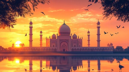 The Taj Mahal at sunset, with its majestic white marble and intricate architecture reflected in the still waters of the Yamuna River.