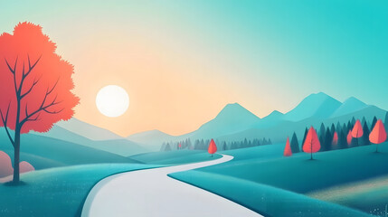 Serene Landscape with Winding Road and Autumn Tree