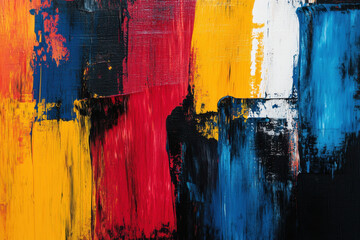 Vivid abstract painting with bold colors like red, yellow, blue, and black, showcasing dynamic brush strokes and texture. This artwork evokes strong emotions and energy