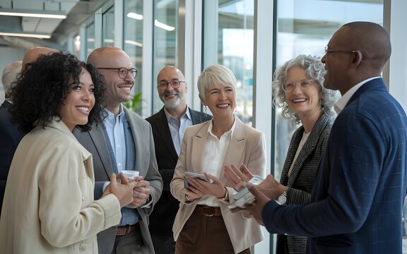  A diverse team of young and senior professionals meeting at a business event in a modern office, standing by a large glass window with a cityscape view, dressed in smart casual wear