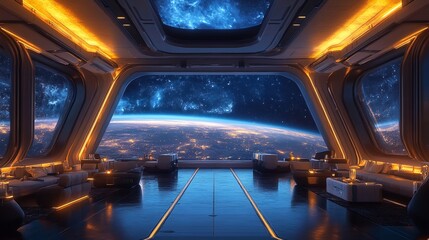 A futuristic space station lounge with large windows offering a stunning view of Earth from space.