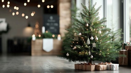 A beautifully decorated Christmas tree with ornaments and presents, set in a cozy, warmly lit interior adorned with festive lights.