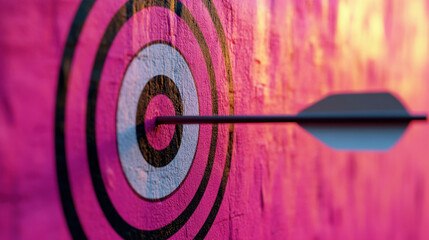 close up of arrow hitting bullseye on vibrant pink target, symbolizing precision and success. contrasting colors enhance visual impact