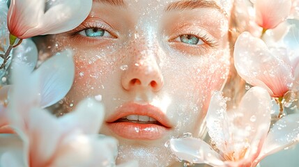 Fototapeta premium A woman's face surrounded by flowers and water droplets.