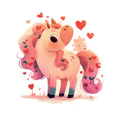 A cute cartoon horse with pink hair and a unicorn horn. The horse is surrounded by hearts and flowers