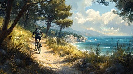 Fototapeta premium Biking in Nature, cycling trails, and biking through forests or along coasts - Generative AI