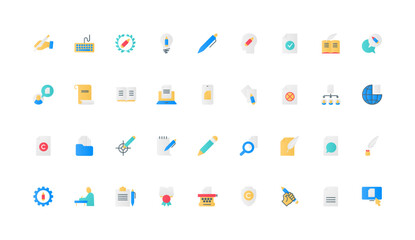 Creative content creation, storytelling, tools of author to write text of article and blog post, publication in social media color icon set. Pen and pencil, document flat elements vector illustration