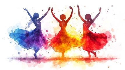 three colorful silhouettes of women dancing in vibrant colors.