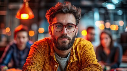Fototapeta premium Young man with glasses sits at a cafe with friends in warm, ambient lighting during an evening gathering