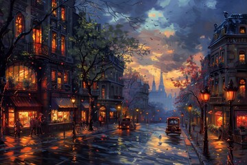 A mesmerizing evening scene of a quaint street illuminated by warm lights in a picturesque cityscape.