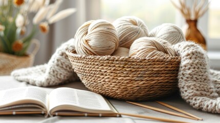 Cozy Autumn Knitting Scene: Yarn, Book, and Knitwear