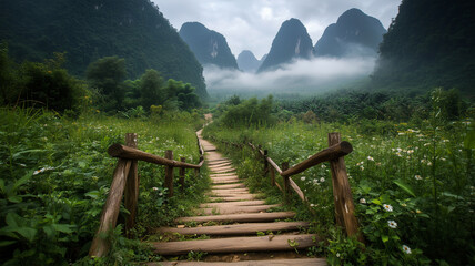 霧に包まれた山岳の木製階段の道