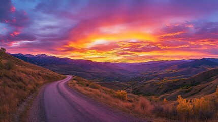 Fototapeta premium A winding road through a vibrant sunset landscape with mountains in the distance.
