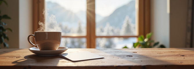 Coffee cup on a wooden table with snowy mountain views through large windows