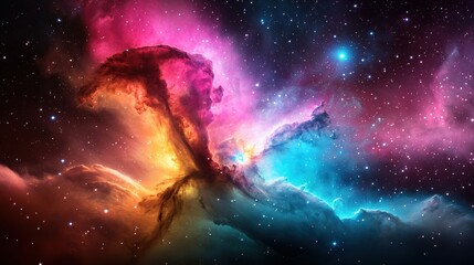 A vibrant cosmic scene showcasing swirling colors of pink, blue, and orange against a backdrop of stars and nebulae.