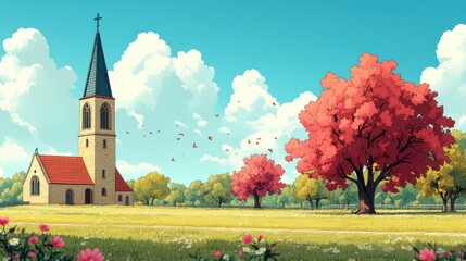 Serene Animation of a British Countryside in Springtime Bliss