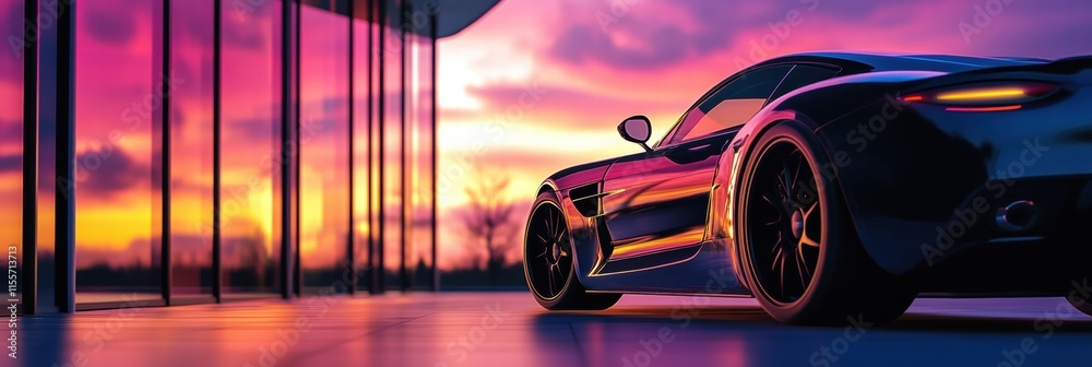 Aufkleber luxury car parked in a modern setting with a vibrant sunset reflecting on sleek surfaces. generative