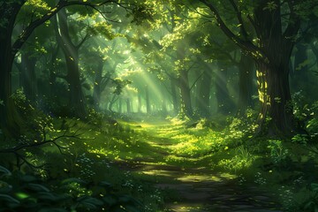 Fototapeta premium A serene forest pathway illuminated by soft sunlight filtering through lush green trees.