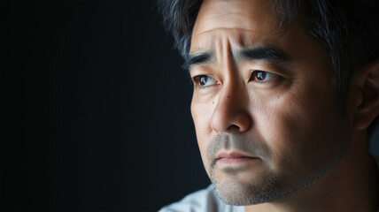 Fototapeta premium 一点を見つめる疑問深い日本人男性の静寂なポートレート