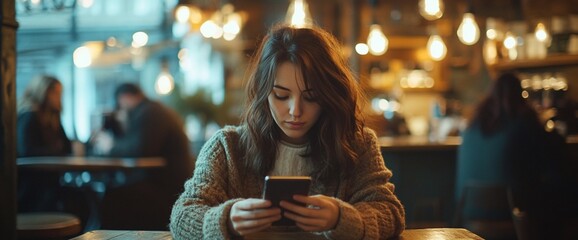 A woman in a cozy caf? engrossed in her phone amidst warm lighting.