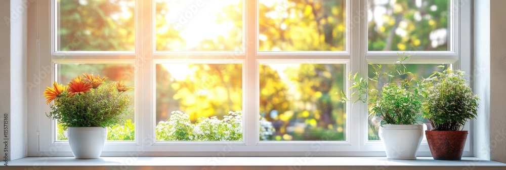 Poster sunlight streaming through a window showcasing a vibrant garden with blooming flowers and greenery i