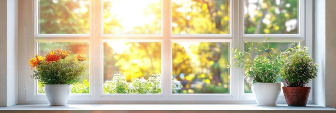 Fototapeta Sunlight streaming through a window showcasing a vibrant garden with blooming flowers and greenery in the background. Generative AI