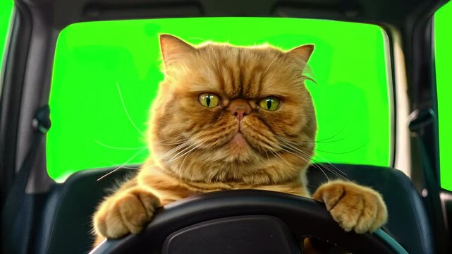 Funny cat sitting in driver seat, paws on steering wheel, pet driving the car on green screen. Funny pet, cat driver. Animal in car concept, driving down the road. Cute pet drive car chroma key