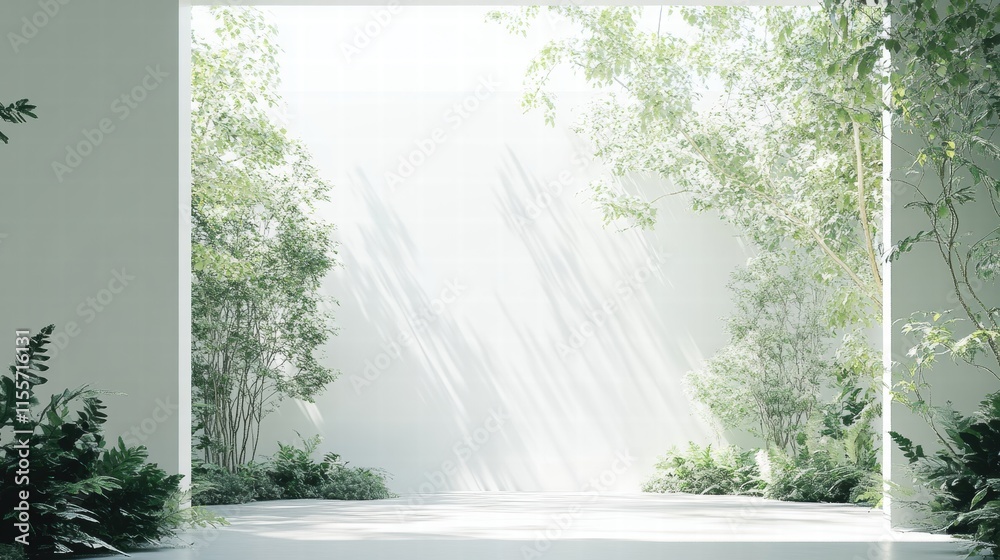 Poster bright garden view through a large window showcasing lush greenery and natural light. generative ai