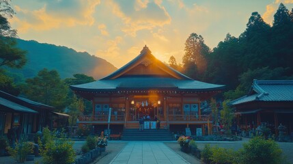 Obraz premium Serene Scene at Shinto Shrine with People Gathering at Sunset