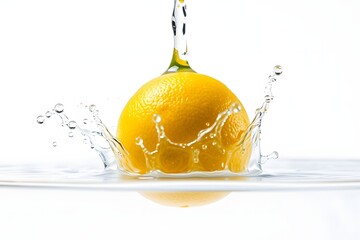 A lemon splashes into water, creating dynamic ripples and droplets.