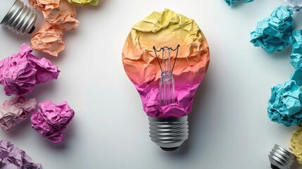 A colorful, creative light bulb made of crumpled paper sits among more paper scraps, symbolizing innovative ideas and artistic expression.