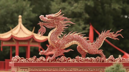 Fototapeta premium Intricate Red Dragon Sculpture Featured in Traditional Asian Architecture Landscape Setting