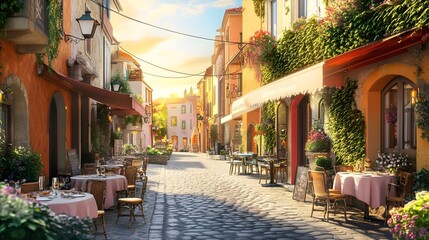 Obraz premium Charming European Village Stroll Cobblestone Streets and Scenic Views Idyllic Village in Europe Picturesque European Village Escape.Historic Cobblestone Pathways