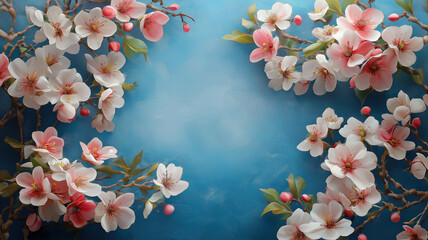 Lovely pink and white spring blossoms framing a white border on a soft blue background