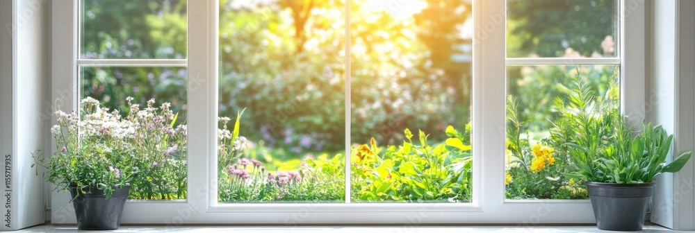 Poster bright flowers and green plants visible through a sunny window with a garden view. generative ai