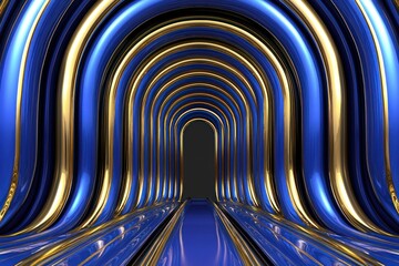 Abstract 3D rendering of a tunnel with blue and gold arches leading to a dark entrance.