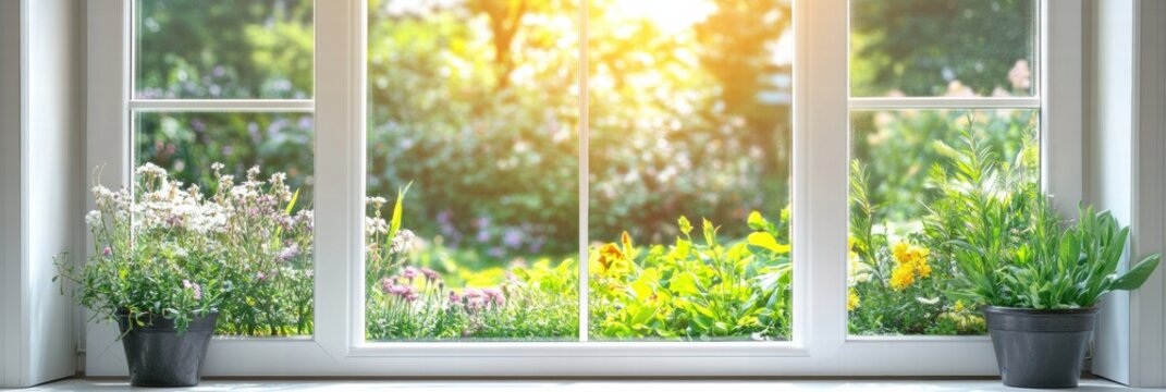 Fototapeta Bright flowers and green plants visible through a sunny window with a garden view. Generative AI