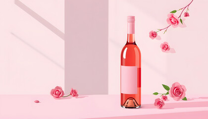Rose wine bottle mockup on pink. isolated with white shades