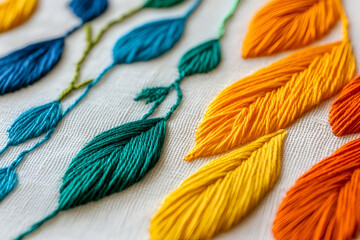 Enjoy the vibrant leaf patterns embroidered on fine linen with rich textures