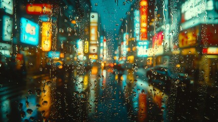 Fototapeta premium Night City Scene Through Rainy Window with Colorful Neon Lights
