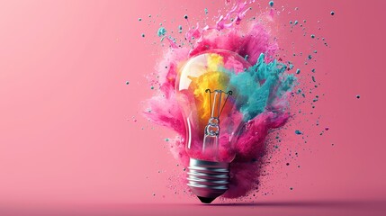 A vibrant light bulb surrounded by colorful powder bursts against a pink backdrop, symbolizing creativity and innovation.