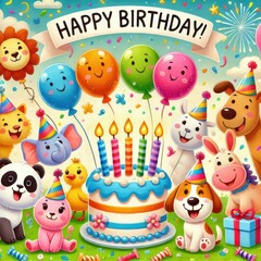 Fototapeta premium happy birthday card with balloons content created with generative AI software.