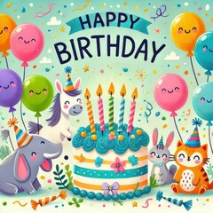 Fototapeta premium happy birthday card with balloons content created with generative AI software.