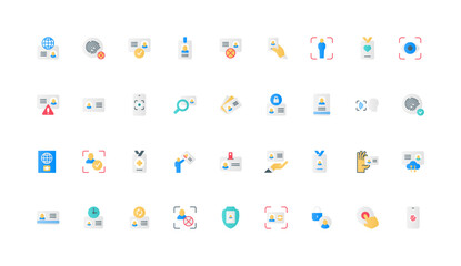 Personal documents, ID card and passport to check citizens identity color icon set. Biometric access, membership certificate, badge on lanyard, digital identification flat elements vector illustration